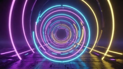Wall Mural - colorful neon circles are forming a futuristic tunnel with a dark background, creating a vibrant and