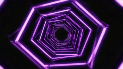 Wall Mural - purple neon lights form a hexagonal tunnel, creating an infinity effect, leading into a dark abyss, 