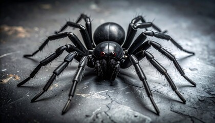 Detailed close-up of a black spider with red eyes on a textured surface