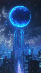 Wall Mural - Futuristic Cityscape Under a Neon Blue Moon