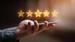 © fahad - Client Feedback Excellence: A hand holds a smartphone displaying a 5-star rating, symbolizing customer satisfaction, quality, and superior service.