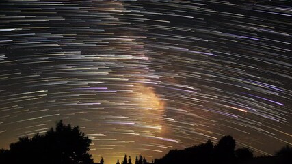 Wall Mural - milky way star-trails and rural countryside tree silhouettes. time-lapse video.