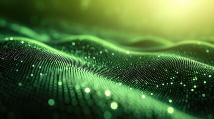 Wall Mural - Emerald Green Data Wave: Abstract Digital Landscape with Glowing Particles.