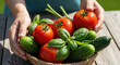 © Helena - Freshly harvested vegetables, including vibrant red tomatoes and green cucumbers, arranged in a woven basket, showcasing organic produce and healthy eating concepts