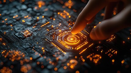 Wall Mural - Finger Interacting with Glowing Futuristic Circuit Board, Tech Interface