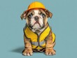 © Maryna - Construction Puppy. Bulldog Working Alone in Construction Vest and Hat