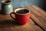 Close-up of a steaming coffee cup on a rustic wooden table,  cozy,  still life