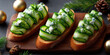 Three elegant cucumber canapés on wooden board. Topped with cheese and herbs. Surrounded by Christmas decorations like pine cones and ornaments.