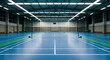 © wannn - An empty, well-lit indoor sports hall with multiple blue badminton courts and nets ready for a game.