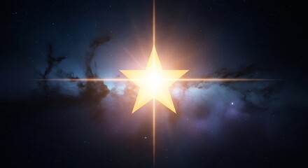 Wall Mural - A bright golden star shining in a dark blue and purple nebula with many stars. Glowing astral light in space.