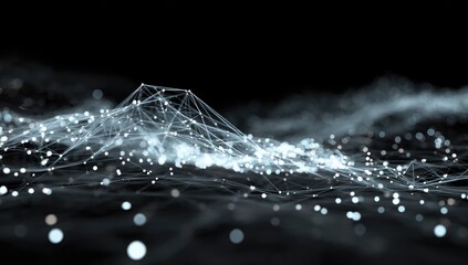 Abstract network landscape. Light, airy, connected points and lines form a wavy, mountainous terrain on a dark background