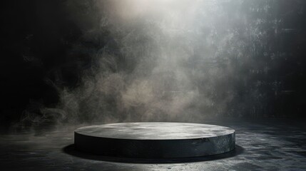Wall Mural - dark round rock podium for product display presentation with bright smoke and light effect 