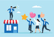 © Premium Shop - Flat illustration of store owner with megaphone speaks to loyal customers positive feedback brand engagement increase sale marketing strategy