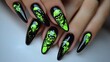 © Suphawan - Beautiful gel nail design in black and neon green, with detailed Frankenstein and witch art for a playful Halloween look