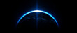 © Samia - Blue glowing light beam on a black background with an earth shadow. Abstract blue gradient space background with a copy text area for design, banner, wallpaper, or poster. Stock photo, dark atmosphere