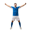 © Nazlykhan - Happy male soccer player celebrating victory in blue and white uniform isolated on transparent background