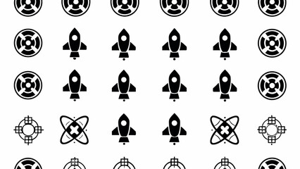 Wall Mural - Seamless pattern featuring rockets, circular targets, and atom symbols in a repetitive arrangement