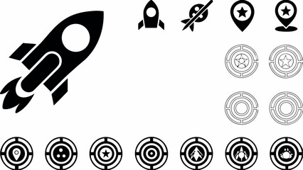 Wall Mural - Illustration showing a rocket ship, spaceship, location icons, and circular target symbols in black