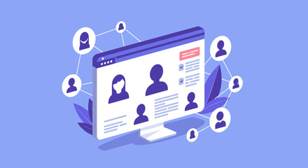 Wall Mural - online networking platform with user profiles and connections in isometric style