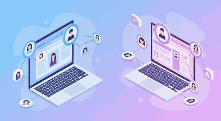 Wall Mural - isometric illustration of virtual networking with laptops and user avatars