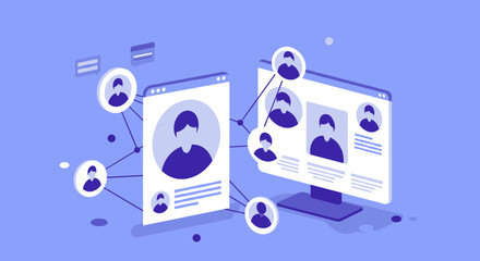 Wall Mural - isometric social network connections on computer screens