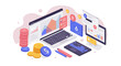 © Ophelia - Isometric financial technology concept with charts and currency symbols