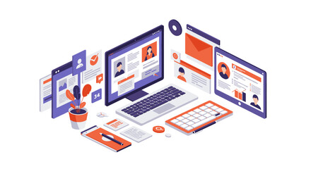 Wall Mural - isometric digital workspace with laptop and social media icons in modern design