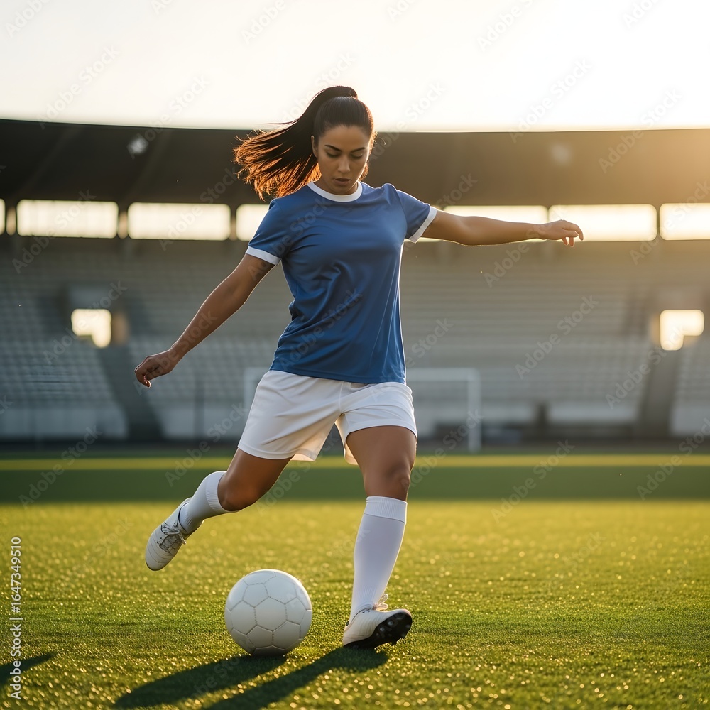 Female soccer player kicking the ball on a green field in a stadium ...