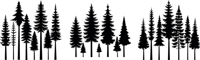 Forest Tree Silhouettes Collection – Horizontal Pine Tree Patterns and Panorama Backgrounds Vector Illustration