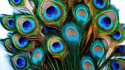 Colorful peacock feathers with vibrant blue, green, and gold hues. Detailed and close-up view of the intricate feather patterns. Nature and wildlife.