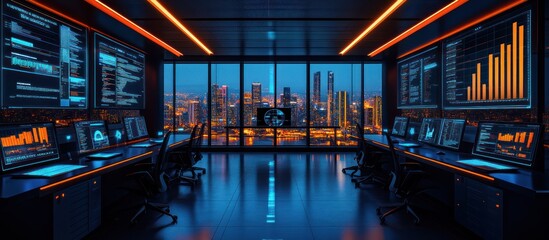 Wall Mural - modern tech office at night with city view.
