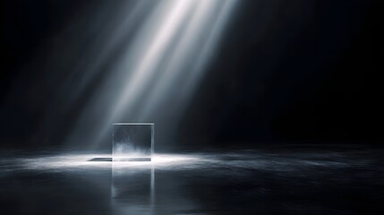 Wall Mural - glass podium on reflective floor with spotlight beam