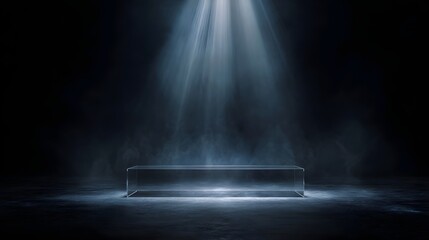 Wall Mural - floating transparent podium with single beam spotlight in a futuristic setting