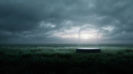 Wall Mural - glowing podium inside a glass dome on a grassy field