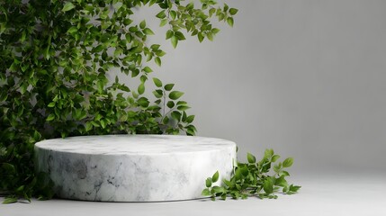 Wall Mural - marble podium with lush green leaves surrounding it
