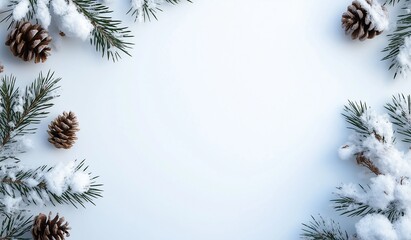 minimalist top-view winter template with snow-covered pine branches and cones framing empty central 