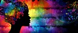 SYLWETKA KOBIETY OTOCZONA MUZYCZNYMI AKCENTAMI I TĘCZĄ BARW