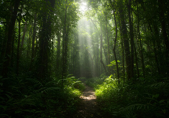  Sunbeams illuminate a tranquil path winding through a lush, verdant rainforest, creating a mystical atmosphere.