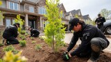 Landscaping Crew Planting New Tree and Bushes in Residential Garden for Home Improvement Project