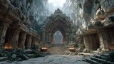 Futuristic AI control panel glowing inside an ancient stone chamber interior