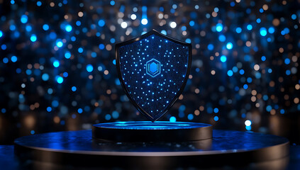 Futuristic shield with glowing hexagon pattern stands on a platform against blurred bokeh background.
