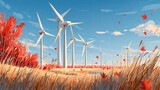 PASTELOWA ILUSTRACJA WIATRAKÓW NA POLU JESIENIĄ