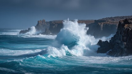  Powerful waves surge toward the rocky shoreline, splashing against the cliffs. The sky is filled with dark clouds, enhancing the dynamic atmosphere of this beautiful coastal scene