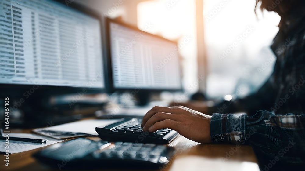 Accountant working with spreadsheet on dual monitor in office setting ...