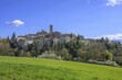 View of the village with flowering trees and meadow in the foreground, San Casciano dei Bagni, province of Siena, Italy