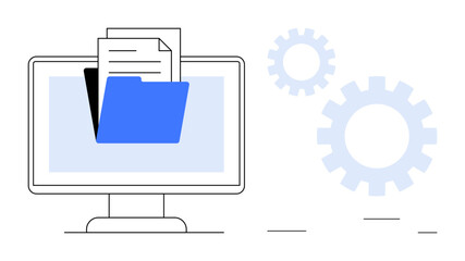 Computer monitor displaying an open blue folder with documents. Gears represent settings or automation. Ideal for technology, storage, document management, organization, workflow, software, simple