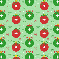 Wall Mural - Christmas seamless pattern.Christmas balls with snowflakes and bow repeat pattern isolated on light green background.Winter, happy new year vector graphic illustration wallpaper.