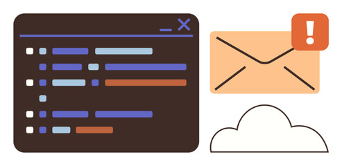 Email with alert icon beside text-based interface and cloud graphic. Ideal for messaging, cloud storage, communication, alerts, notifications, digital workflow, error reporting. Simple flat metaphor