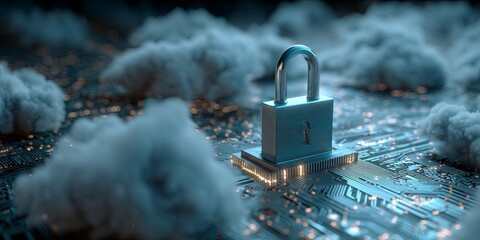Wall Mural - secure cloud storage concept with a padlock representing digital protection against data breaches an
