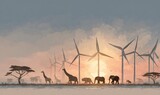 AFRYKAŃSKA SAWANNA, ENERGIA WIATROWA, ZACHÓD SŁOŃCA, SYLWETKI ZWIERZĄT